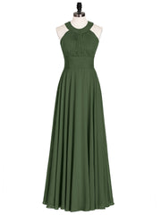 Chiffon Pleated Top Long Dresses with Open Back Olive Green