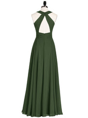Chiffon Pleated Top Long Dresses with Open Back Olive Green