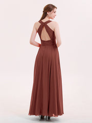 Chiffon Pleated Top Long Dresses with Open Back Terracotta