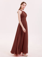 Chiffon Pleated Top Long Dresses with Open Back Terracotta