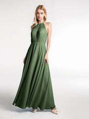 Halter Chiffon Maxi Dress with Circle Skirt Olive Green