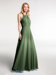 Halter Chiffon Maxi Dress with Circle Skirt Olive Green
