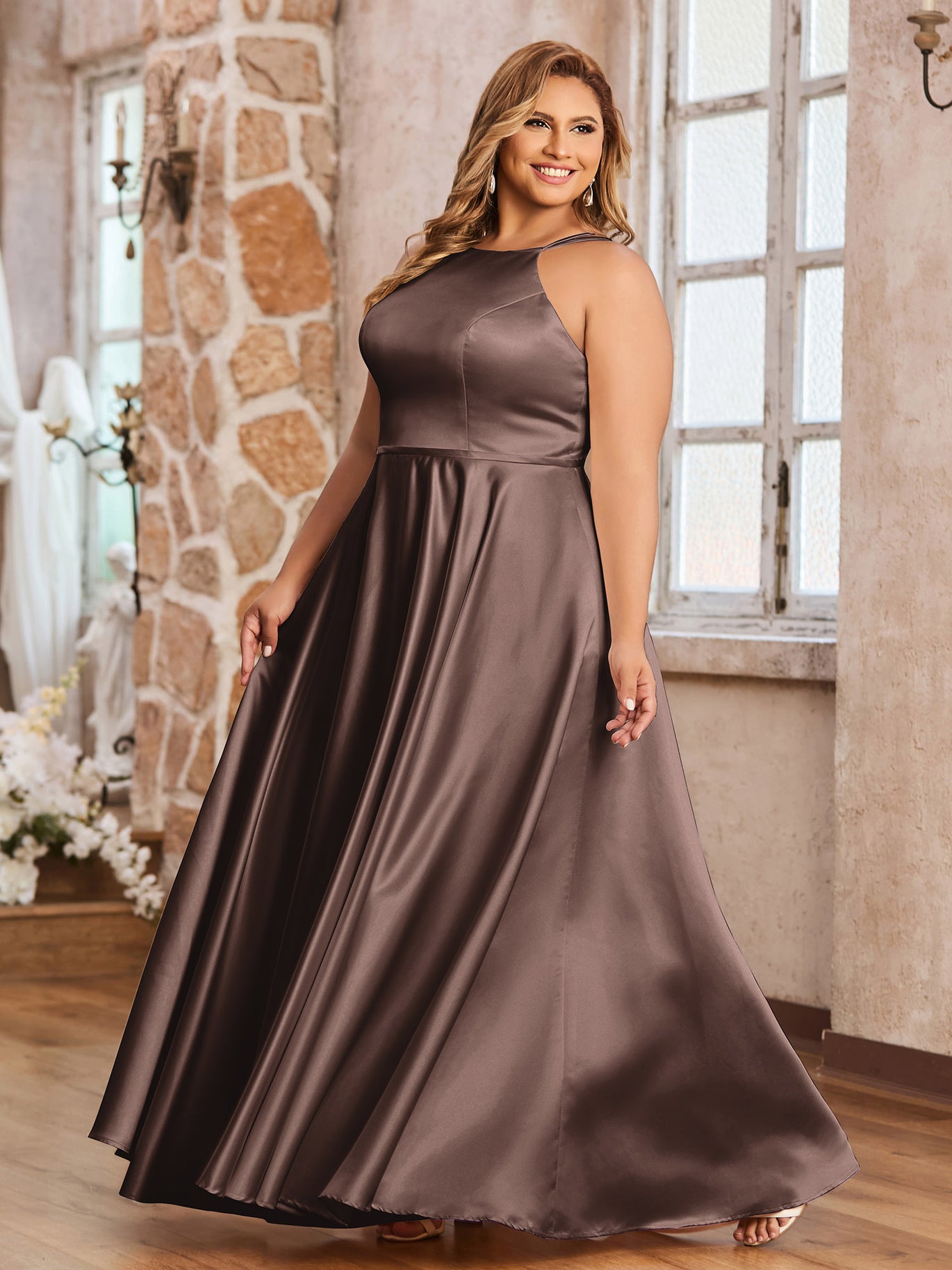 BABARONI Satin Chocolate Bridesmaid Dresses A-line Halter Sleeveless Floor- length – BABARONI UK