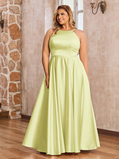 A-line Halter Satin Long Dresses with Pockets Daffodil