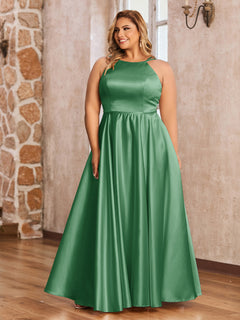 A-line Halter Satin Long Dresses with Pockets Emerald