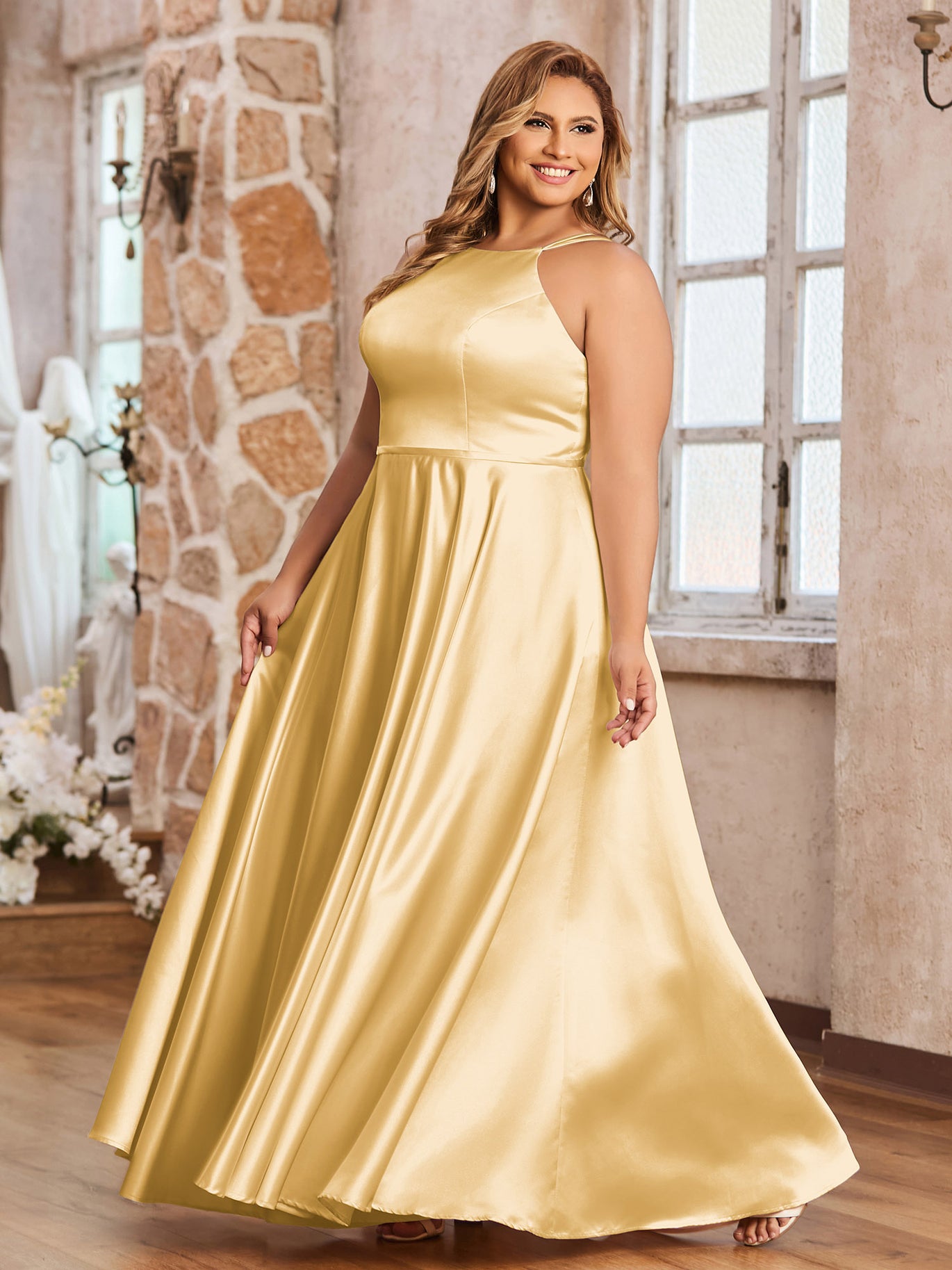 BABARONI Satin Gold Bridesmaid Dresses A-line Halter Sleeveless  Floor-length – BABARONI UK