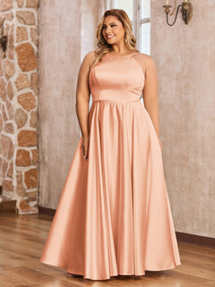 A-line Halter Satin Long Dresses with Pockets Papaya