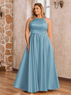 A-line Halter Satin Long Dresses with Pockets Slate Blue