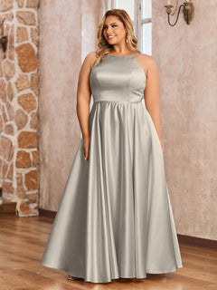 A-line Halter Satin Long Dresses with Pockets Taupe