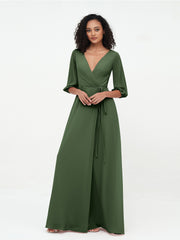 V-neck Chiffon Dresses with Half Sleeves Olive Green