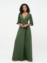 V-neck Chiffon Dresses with Half Sleeves Olive Green