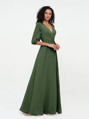 V-neck Chiffon Dresses with Half Sleeves Olive Green