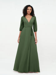V-neck Chiffon Dresses with Half Sleeves Olive Green