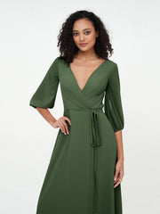 V-neck Chiffon Dresses with Half Sleeves Olive Green