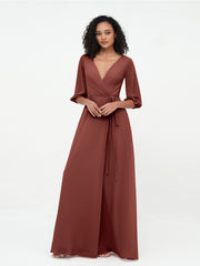 V-neck Chiffon Dresses with Half Sleeves Terracotta
