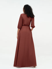 V-neck Chiffon Dresses with Half Sleeves Terracotta