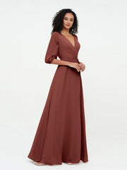 V-neck Chiffon Dresses with Half Sleeves Terracotta