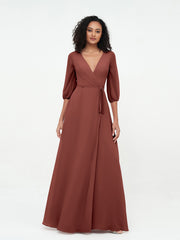 V-neck Chiffon Dresses with Half Sleeves Terracotta