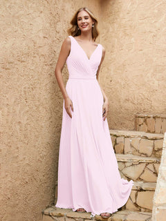 Long V Neck Chiffon Bridesmaid Dress Blushing Pink