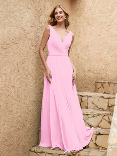 Long V Neck Chiffon Bridesmaid Dress Candy Pink
