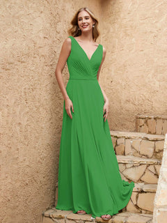 Long V Neck Chiffon Bridesmaid Dress Green