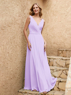 Long V Neck Chiffon Bridesmaid Dress Lilac