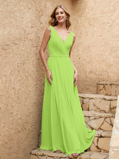 Long V Neck Chiffon Bridesmaid Dress Lime Green