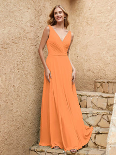 Long V Neck Chiffon Bridesmaid Dress Orange