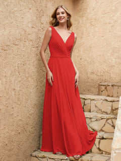 Long V Neck Chiffon Bridesmaid Dress Red