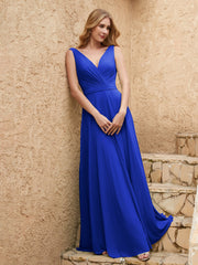 Long V Neck Chiffon Bridesmaid Dress Royal Blue