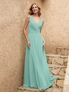 Long V Neck Chiffon Bridesmaid Dress Turquoise