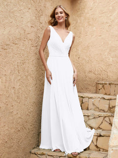 Long V Neck Chiffon Bridesmaid Dress White