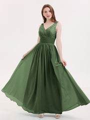 V-neck Lace and Chiffon Dresses with Open Back Olive Green