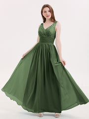 V-neck Lace and Chiffon Dresses with Open Back Olive Green