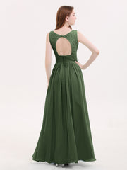 V-neck Lace and Chiffon Dresses with Open Back Olive Green
