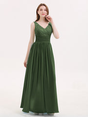 V-neck Lace and Chiffon Dresses with Open Back Olive Green