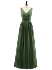 V-neck Lace and Chiffon Dresses with Open Back Olive Green