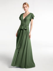 V-neck Cap Sleeves Chiffon Gown with Self-Bow Olive Green