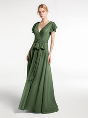 V-neck Cap Sleeves Chiffon Gown with Self-Bow Olive Green Plus Size