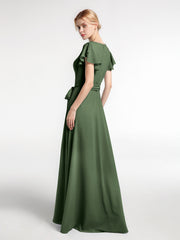 V-neck Cap Sleeves Chiffon Gown with Self-Bow Olive Green Plus Size