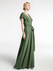 V-neck Cap Sleeves Chiffon Gown with Self-Bow Olive Green