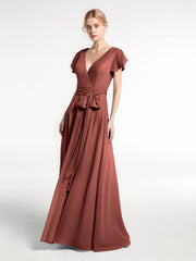 V-neck Cap Sleeves Chiffon Gown with Self-Bow Terracotta
