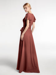V-neck Cap Sleeves Chiffon Gown with Self-Bow Terracotta Plus Size