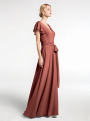 V-neck Cap Sleeves Chiffon Gown with Self-Bow Terracotta Plus Size