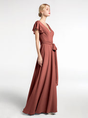 V-neck Cap Sleeves Chiffon Gown with Self-Bow Terracotta