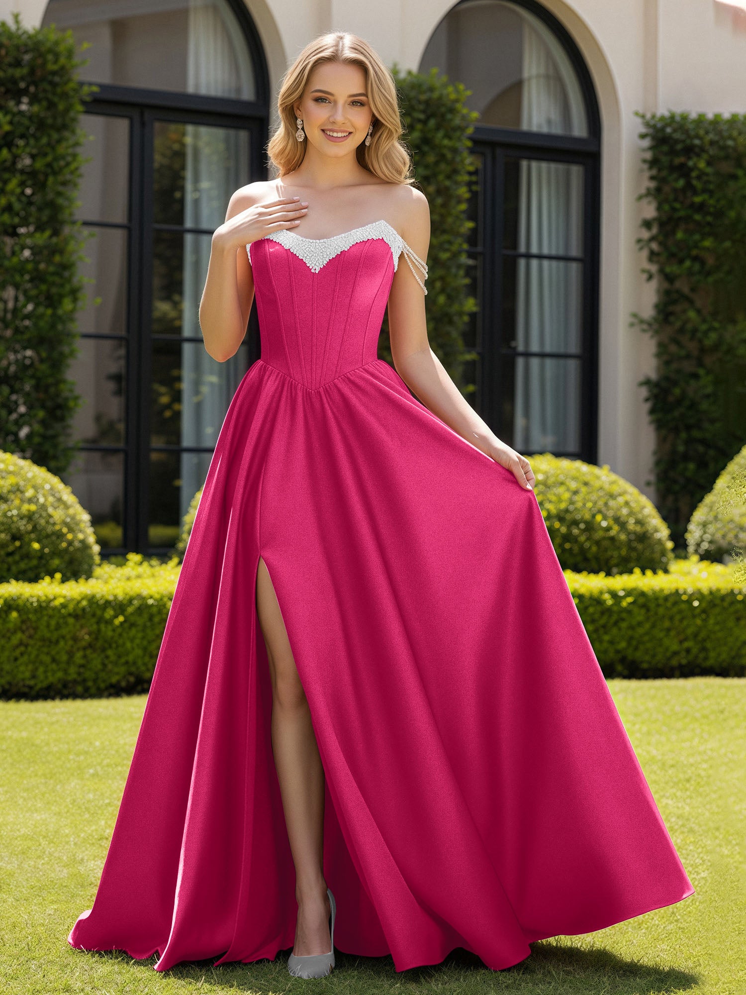 BABARONI Satin Fuchsia Prom Dresses A-line Off-the-shoulder Sleeveless ...