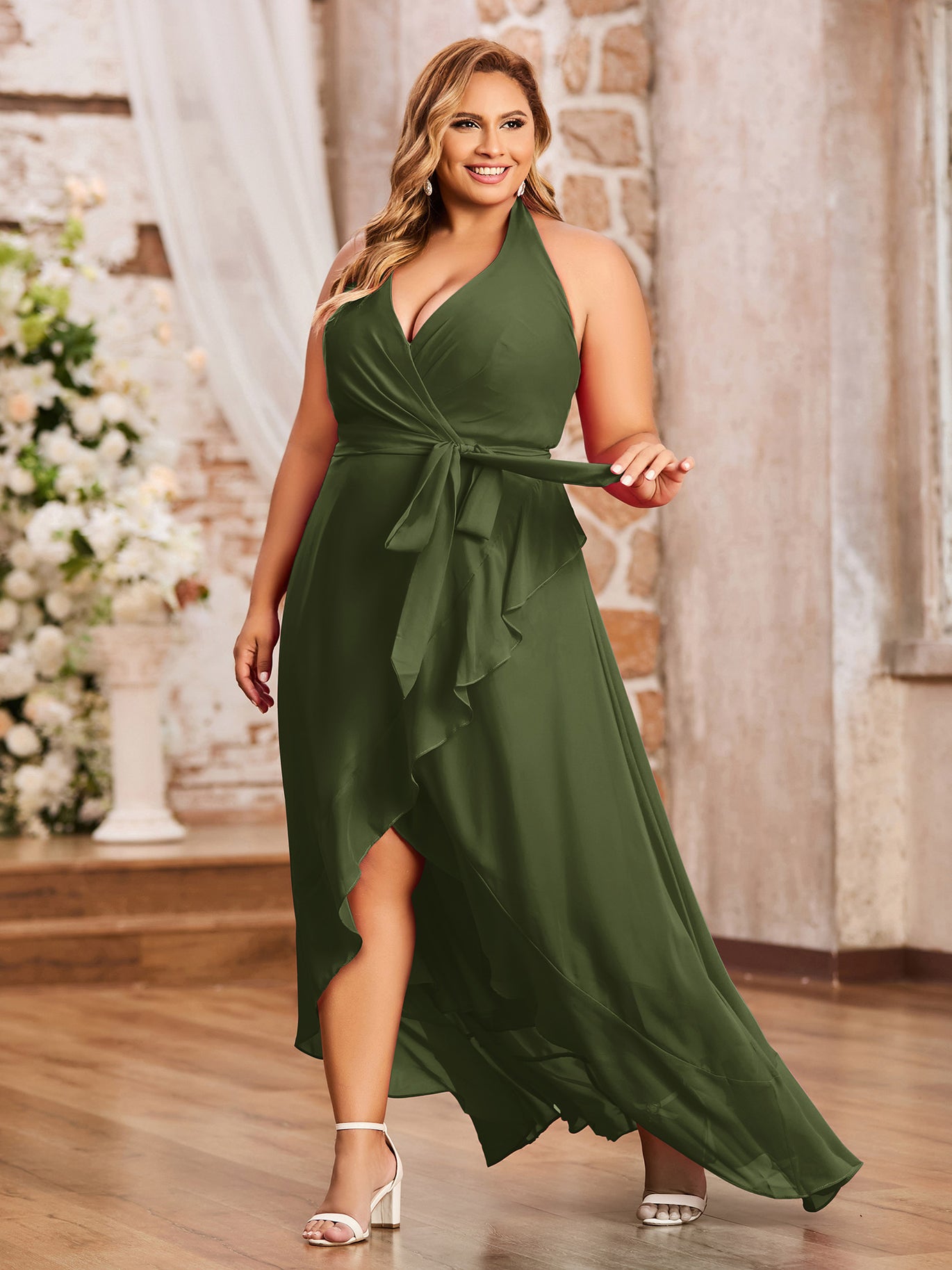 BABARONI Chiffon Olive Green Bridesmaid Dresses A-line V-neck Asymmetrical  Sleeveless – BABARONI UK