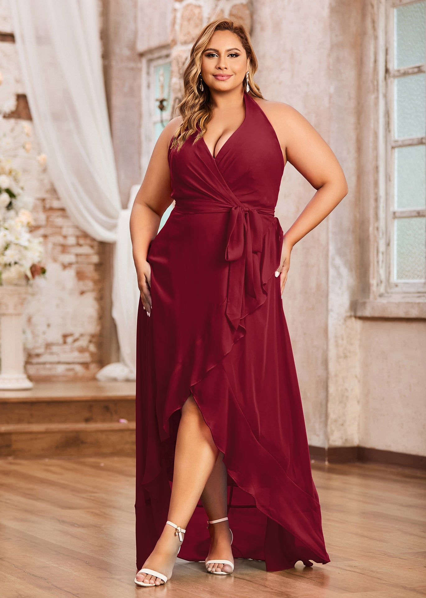 BABARONI Chiffon Burgundy Bridesmaid Dresses A-line V-neck Sleeveless  Asymmetrical – BABARONI UK