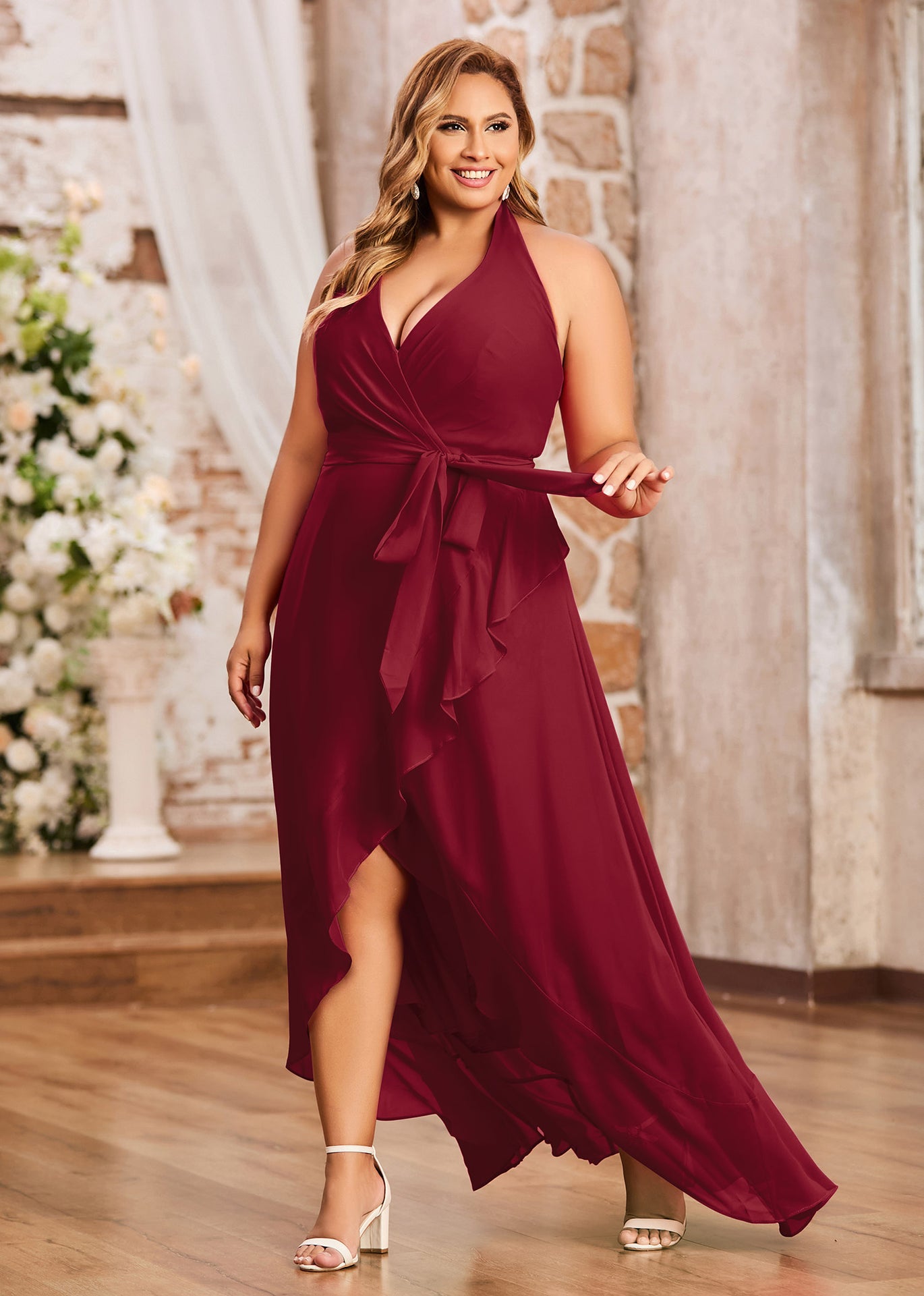 BABARONI Chiffon Burgundy Bridesmaid Dresses A-line V-neck Sleeveless  Asymmetrical  BABARONI UK