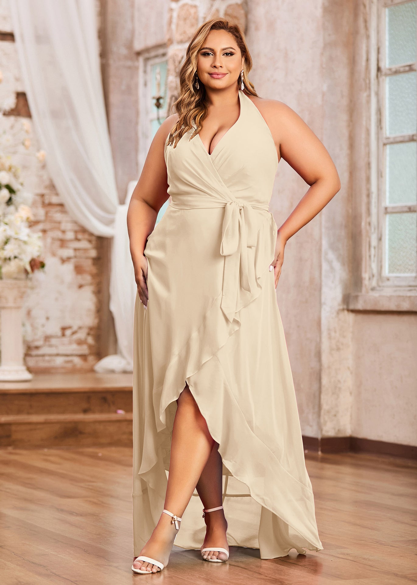 sachin and babi light blue dress Champagne Satin Tie Waist Cami Wrap Dress | Luxe Collection main image 1